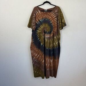 Peanut Punch Vintage 70s Tie-Dye Cotton Short Sleeve Midi Dress Free Size OS